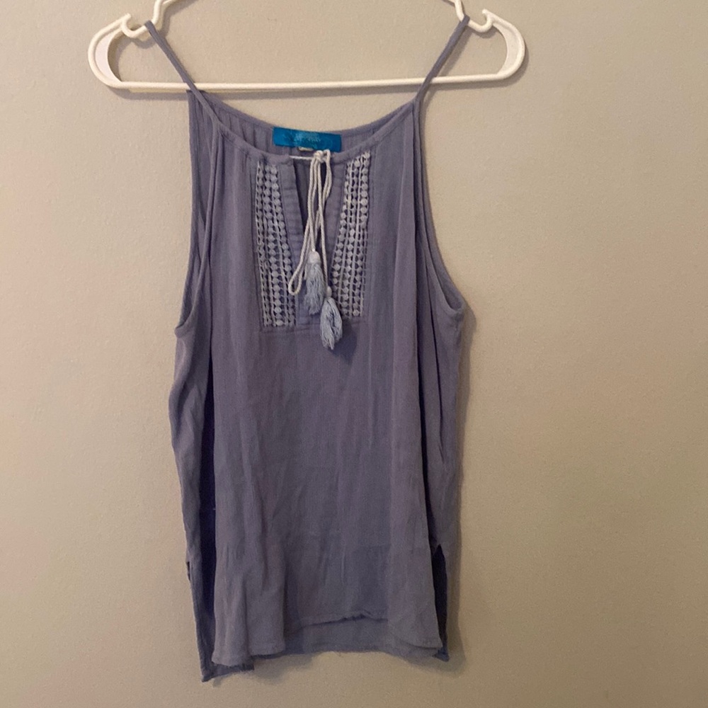 buttons Blue Side Slits Spaghetti Strap Tank with Front Tie + Tassels [Size: L]
